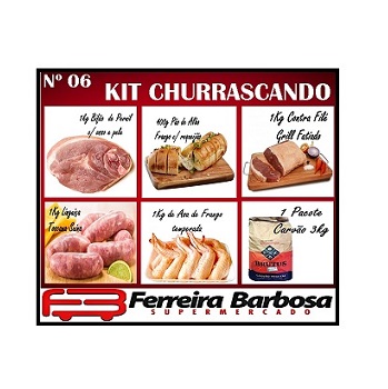Kit Churrascando 06 (1kg Linguiça Toscana/400g Pao De Alho/3kg de Carvao/1kg Bifao Pernil Temperado/1kg Contra File Grill/1kg Asa Temperada)