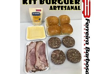 Kit Hambúrguer Artesanal SFB (4 Pães Brioche, 4 Blend Bovino 200g, 8 Fatias de Mussarela, 8 Fatias de Bacon ; 1 Sachê de Maionese Hellmann’s)